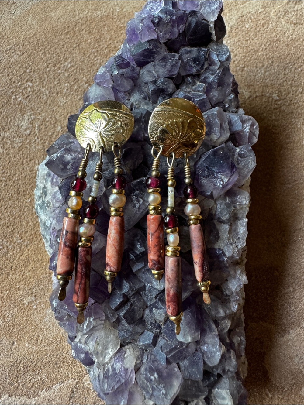 TABRA Vintage 14K Gold Fill, Red Jasper, Pearl & Garnet Drop Dangle Earrings